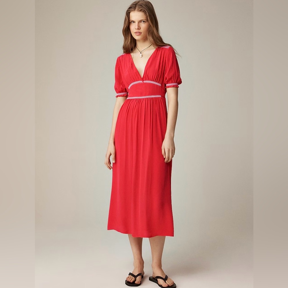 Smocked-Trim Midi Dress in Crepe De Chine